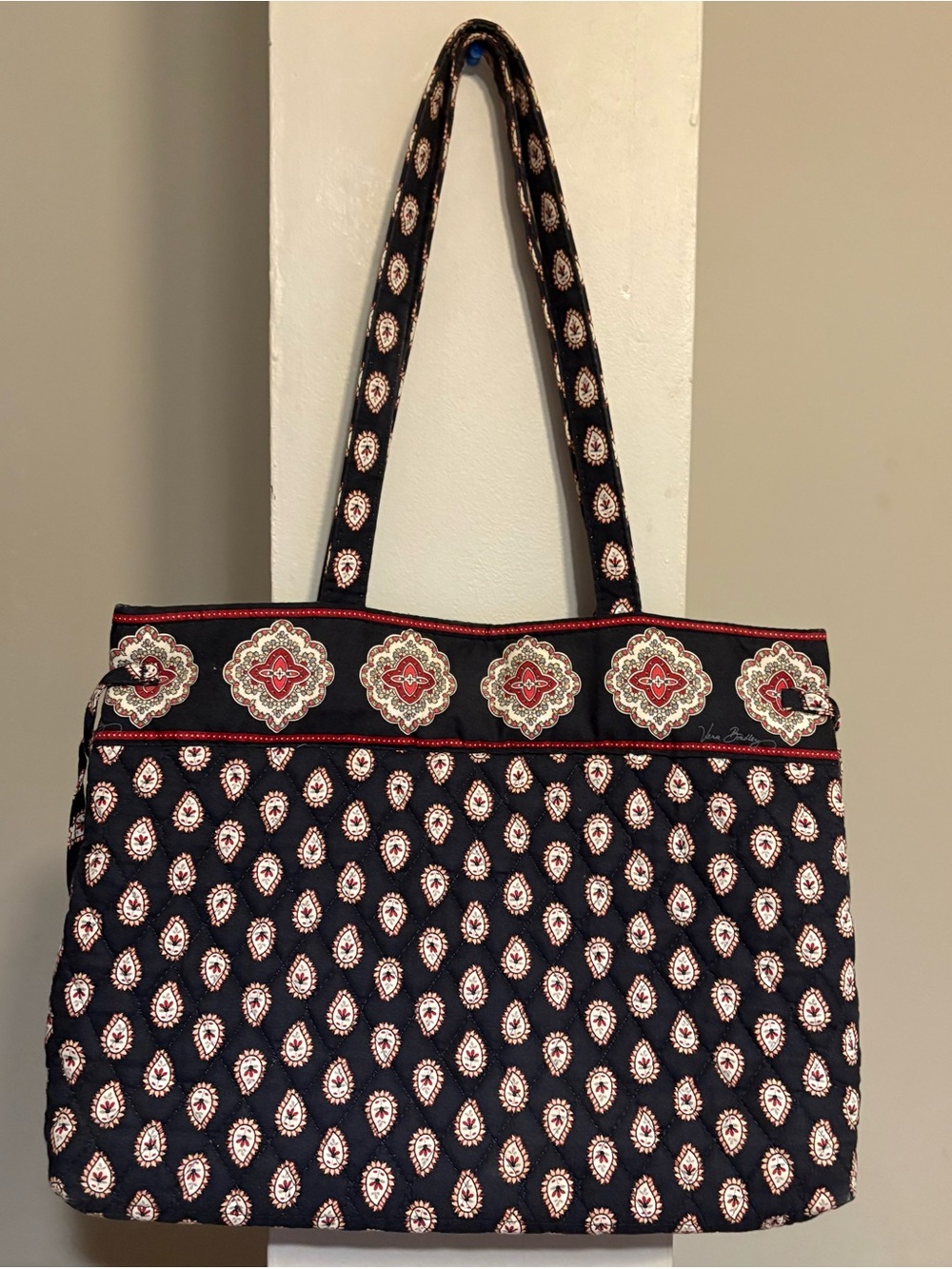 Vera Bradley Navy Quilted Paisley Tote with Red and Cream Accents